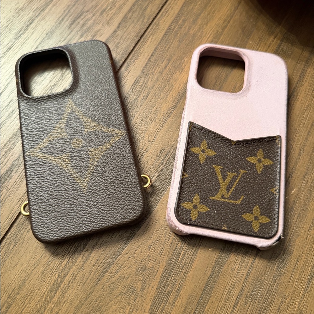 LOUIS VUITTON 2pc iPhone 13 Pro Case Bumper Monogram Leather For Crossbody Pink